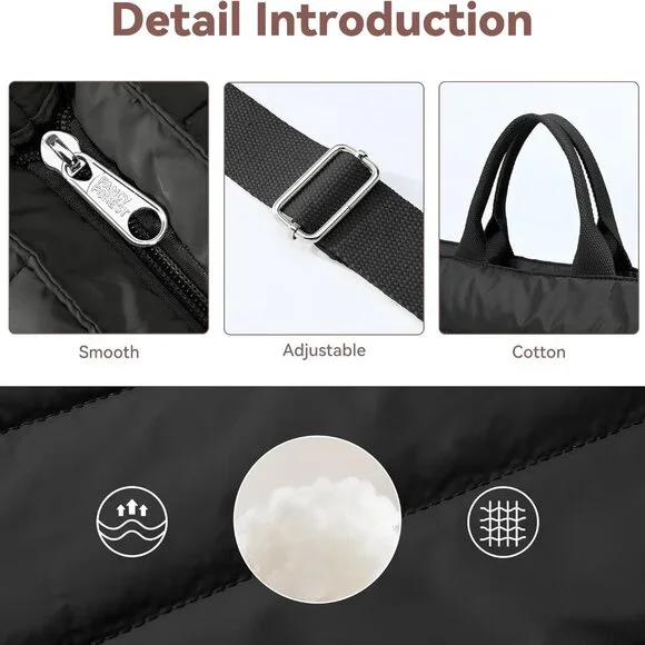 Quilted Tote Bag, Puffer Hobo Laptop Bag Anti Splash Crossbody Zipper Shoulder B